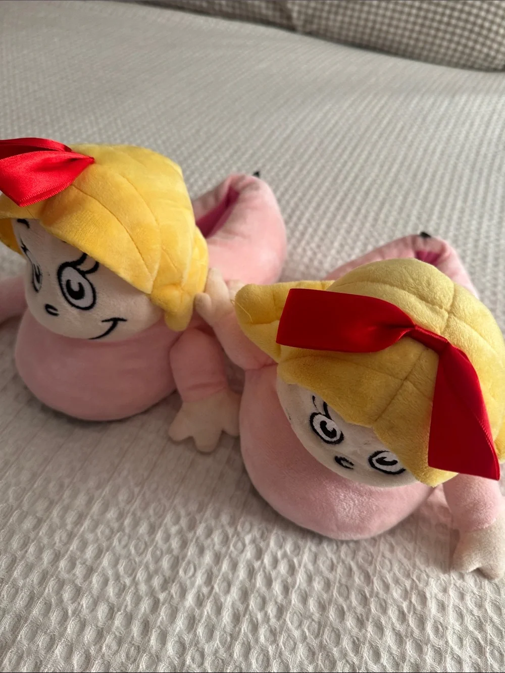 Plush Pink Cindy Lou who slippers with Yellow Hair and Red Bows